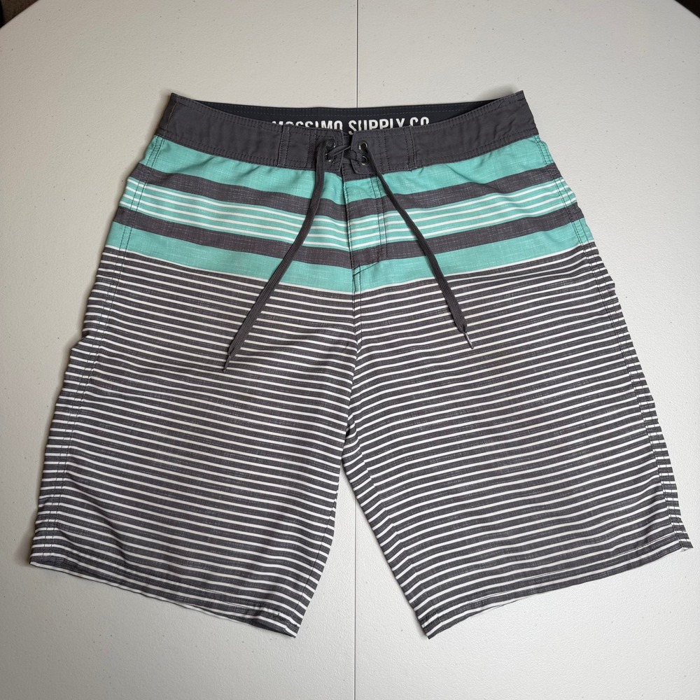 Mossimo Supply Co Mens Size 32 Striped Board Shorts Teal Grey White Swim Trunks